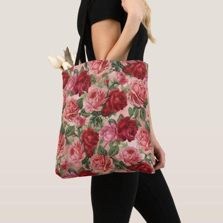 Chic Elegant Vintage Pink Red Roses Floral Tote Bag