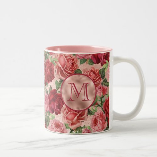 Chic Elegant Vintage Pink Red Roses Floral Two_Tone Coffee Mug