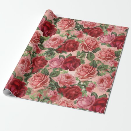 Chic Elegant Vintage Pink Red Roses Floral Wrapping Paper