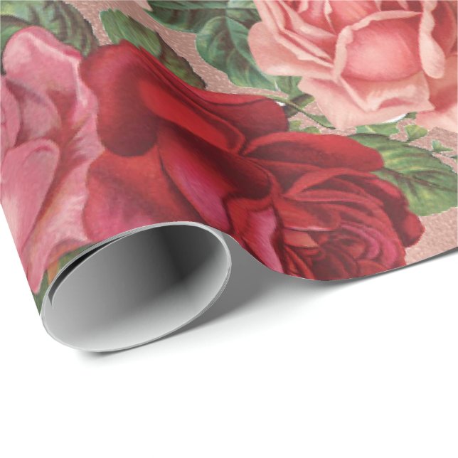 Chic Elegant Vintage Pink Red Roses Floral Wrapping Paper Sheets, Zazzle