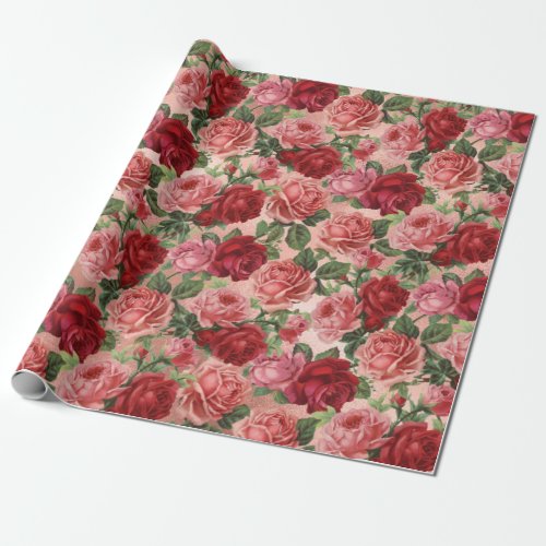 Chic Elegant Vintage Pink Red Roses Floral Wrapping Paper