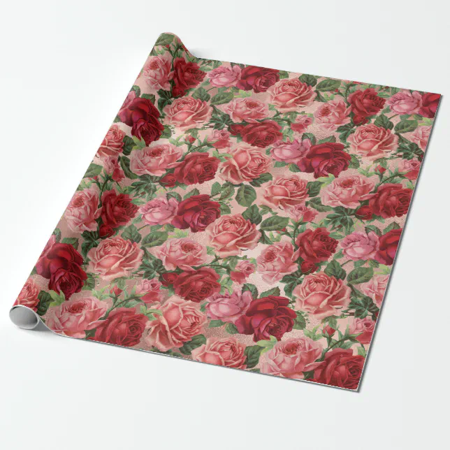 Chic Elegant Vintage Pink Red Roses Floral Wrapping Paper | Zazzle