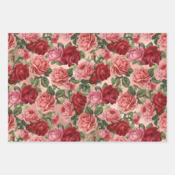 Chic Elegant Vintage Pink Red Roses Floral Wrapping Paper Sheets by storechichi at Zazzle