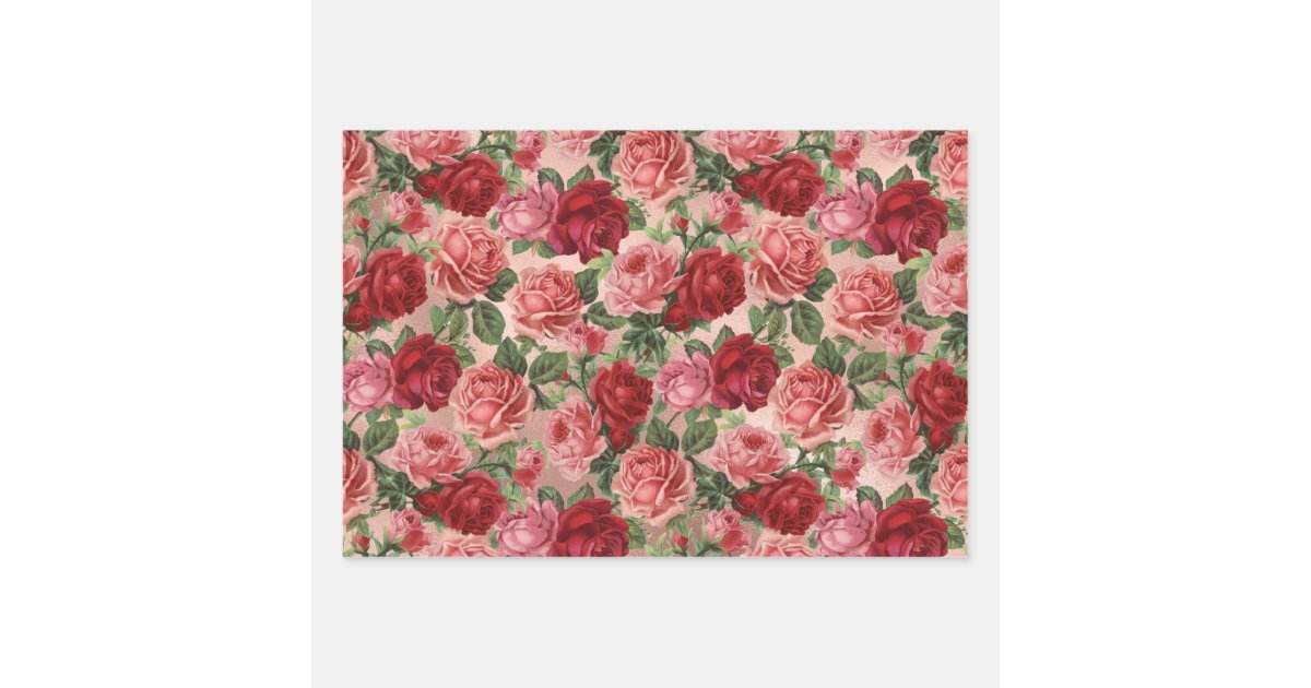 Chic Elegant Vintage Pink Red Roses Floral Wrapping Paper Sheets