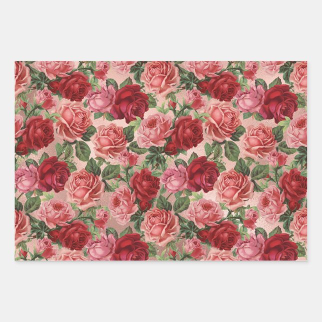 Chic Elegant Vintage Pink Red Roses Floral Wrapping Paper Sheets (Front)