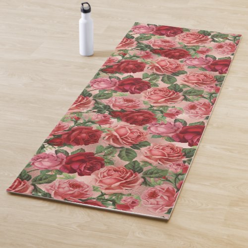 Chic Elegant Vintage Pink Red Roses Floral Yoga Mat