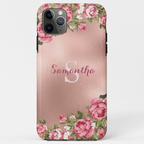Chic Elegant Vintage Pink Roses Floral Name iPhone 11 Pro Max Case