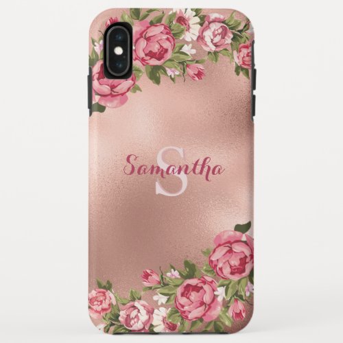 Chic Elegant Vintage Pink Roses Floral Name iPhone XS Max Case