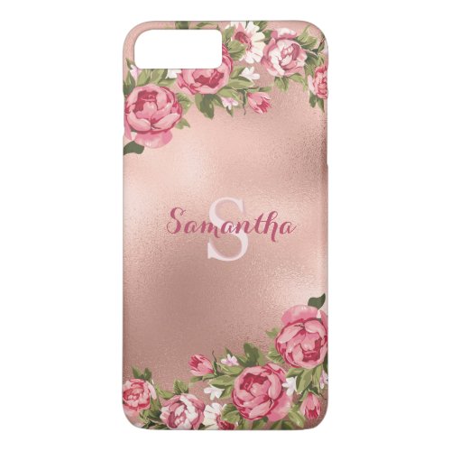 Chic Elegant Vintage Pink Roses Floral Name iPhone 8 Plus7 Plus Case