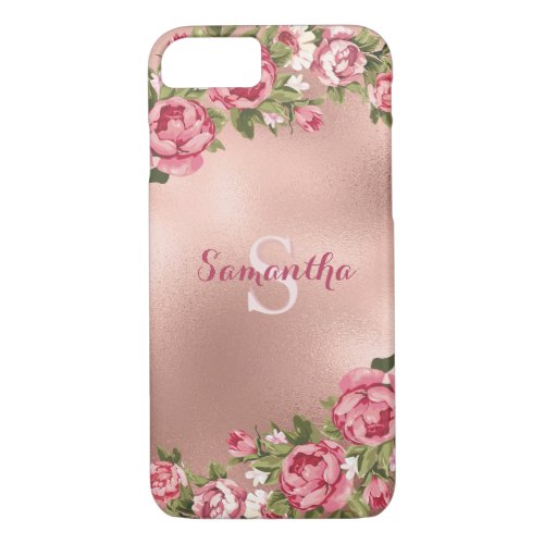 Chic Elegant Vintage Pink Roses Floral Name iPhone 87 Case