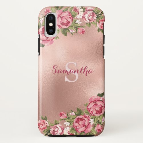 Chic Elegant Vintage Pink Roses Floral Name iPhone XS Case