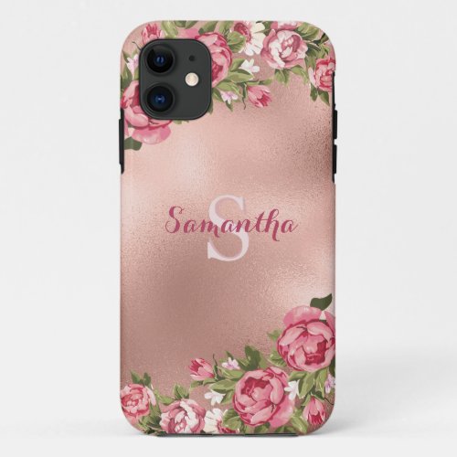 Chic Elegant Vintage Pink Roses Floral Name iPhone 11 Case