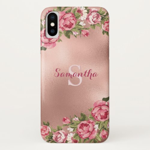 Chic Elegant Vintage Pink Roses Floral Name iPhone X Case