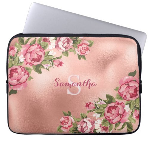 Chic Elegant Vintage Pink Roses Floral Name Laptop Sleeve