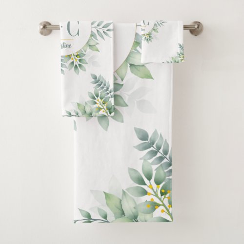 Chic Elegant Watercolor Green Floral Monogram Bath Towel Set