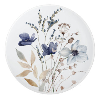 Chic Elegant Watercolor Navy Blue Flower Floral Ceramic Knob