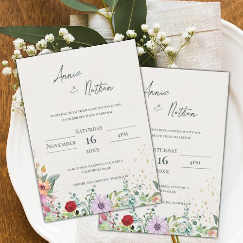 Chic Elegant Watercolor Wildflowers Floral Wedding Invitation