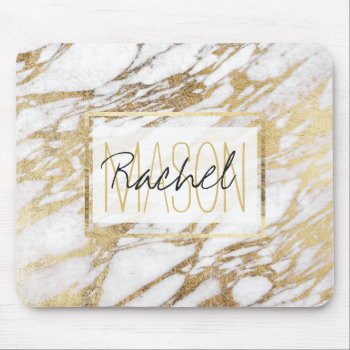 Chic Elegant White And Gold Marble Monogram Mouse Pad by BlackStrawberry_Co at Zazzle