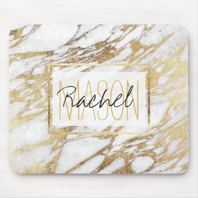 Chic Elegant White and Gold Marble Monogram Mouse Pad (Front)