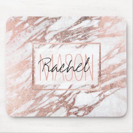 Chic Elegant White And Rose Gold Marble Monogram Mouse Pad