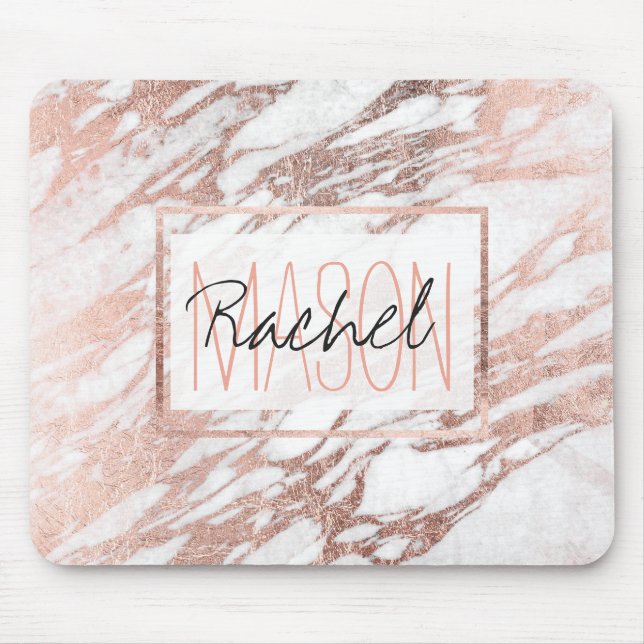 Chic Elegant White and Rose Gold Marble Monogram Mouse Pad (Front)
