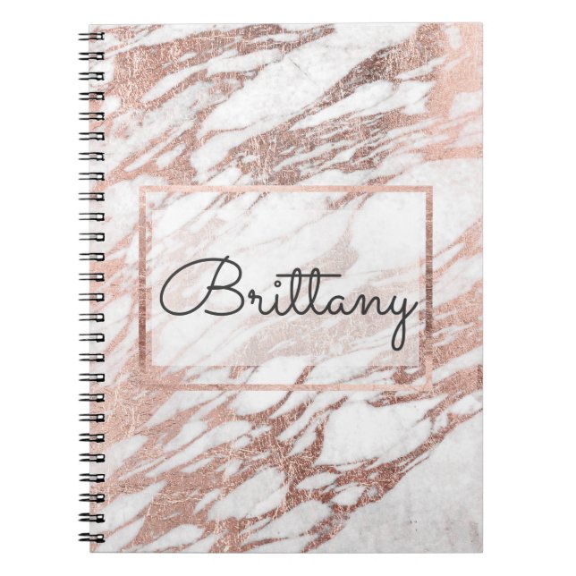 Chic Elegant White and Rose Gold Marble Monogram Notebook (Front)