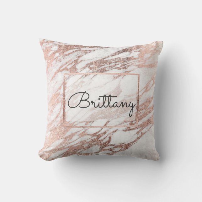 Chic Elegant White and Rose Gold Marble Monogram Throw Pillow (Front)