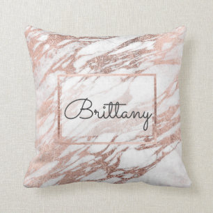 Chic Elegant White and Rose Gold Marble Monogram Throw Pillow