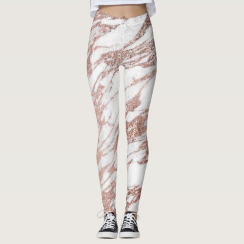 Chic Elegant White and Rose Gold Marble Pattern Leggings