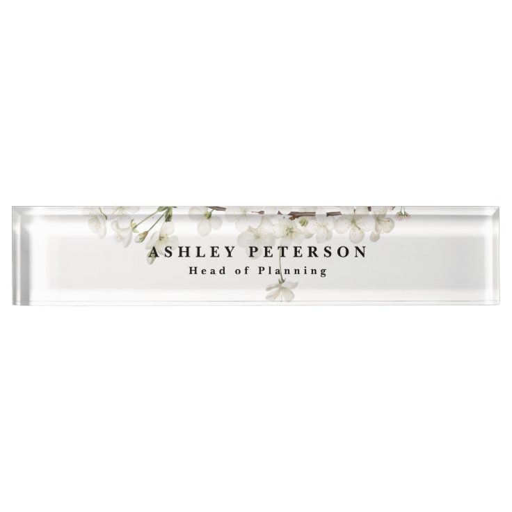 Chic Elegant White Blossom Floral Desk Name Plate 