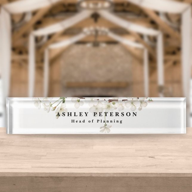 Chic Elegant White Blossom Floral Desk Name Plate (Creator Uploaded)
