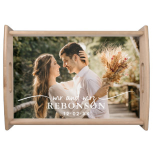 Chic Elegant White Mr & Mrs Monogram Photo Wedding Serving Tray