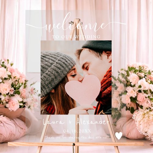 Chic elegant white photo script wedding welcome acrylic sign