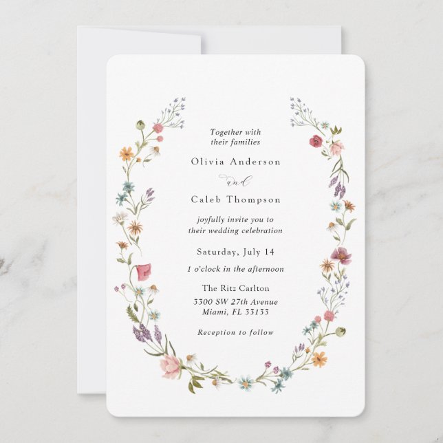 Chic Elegant Wildflower Wreath Wedding Invitation (Front)