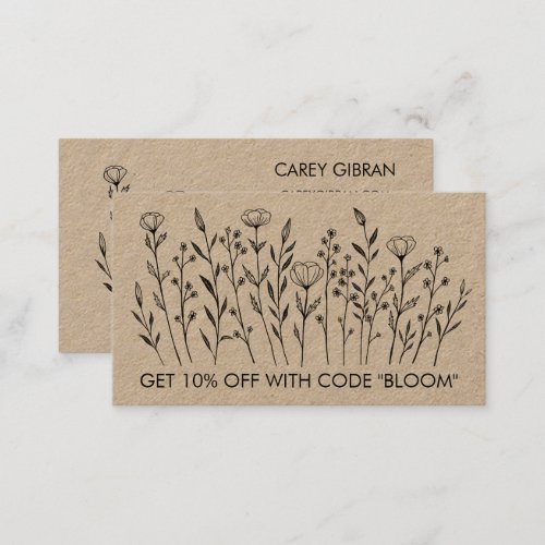 Chic Elegant Wildflowers Art Social Icons Kraft Discount Card
