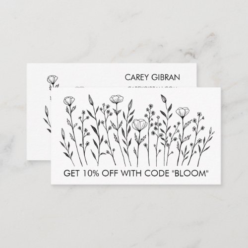 Chic Elegant Wildflowers Line Art Social Icons  Discount Card