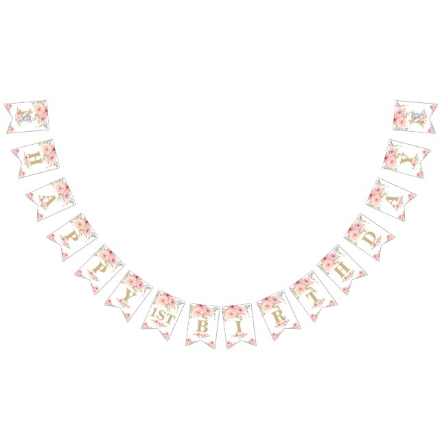 Chic Elephant 1st Birthday One Pink Floral Bunting Flags (All)