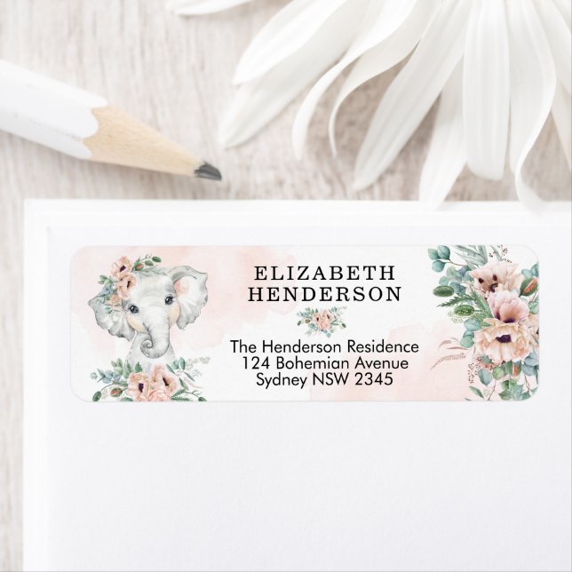 Chic Elephant Baby Girl Blush Floral Greenery Label (Insitu)