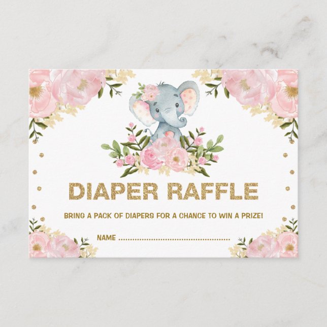 Chic Elephant Blush Gold Floral Baby Diaper Raffle Enclosure Card (Front)