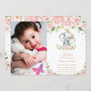 Chic Elephant Blush Pink Floral 1st Birthday Photo Invitation
