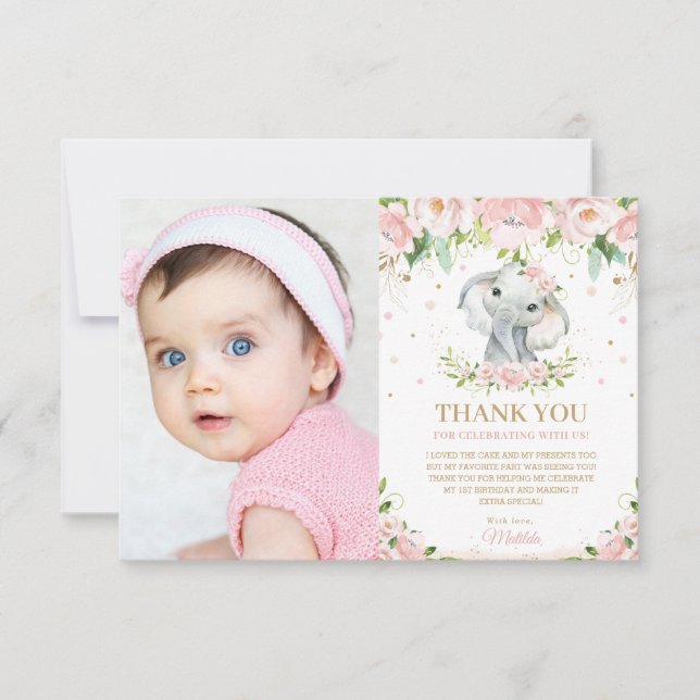Chic Elephant Blush Pink Floral 1st Birthday Photo Thank You Card (Front)