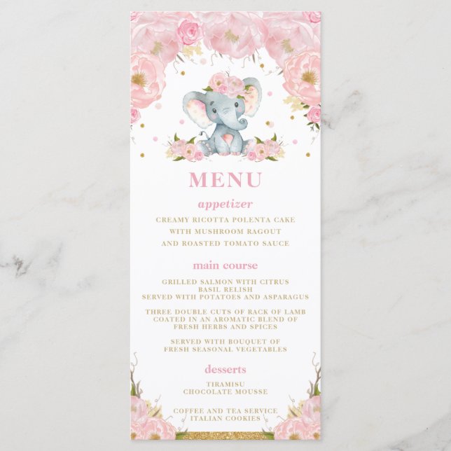 Chic Elephant Blush Pink Floral Baby Shower Menu (Front)
