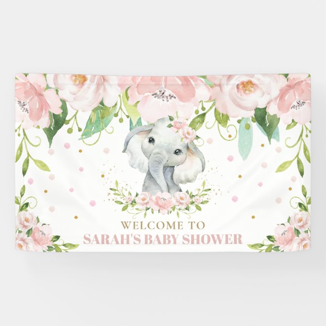 Chic Elephant Blush Pink Floral Backdrop Welcome Banner (Horizontal)