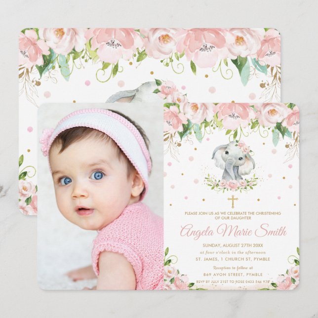 Chic Elephant Blush Pink Floral Baptism Photo Invitation (Front/Back)
