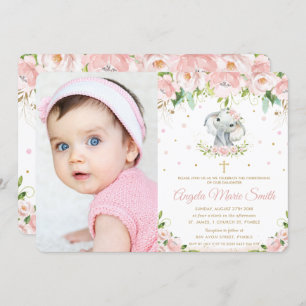 Chic Elephant Blush Pink Floral Baptism Photo Invitation