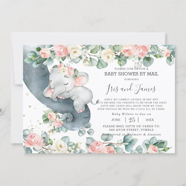Chic Elephant Floral Virtual Baby Shower by Mail Invitation (Front)