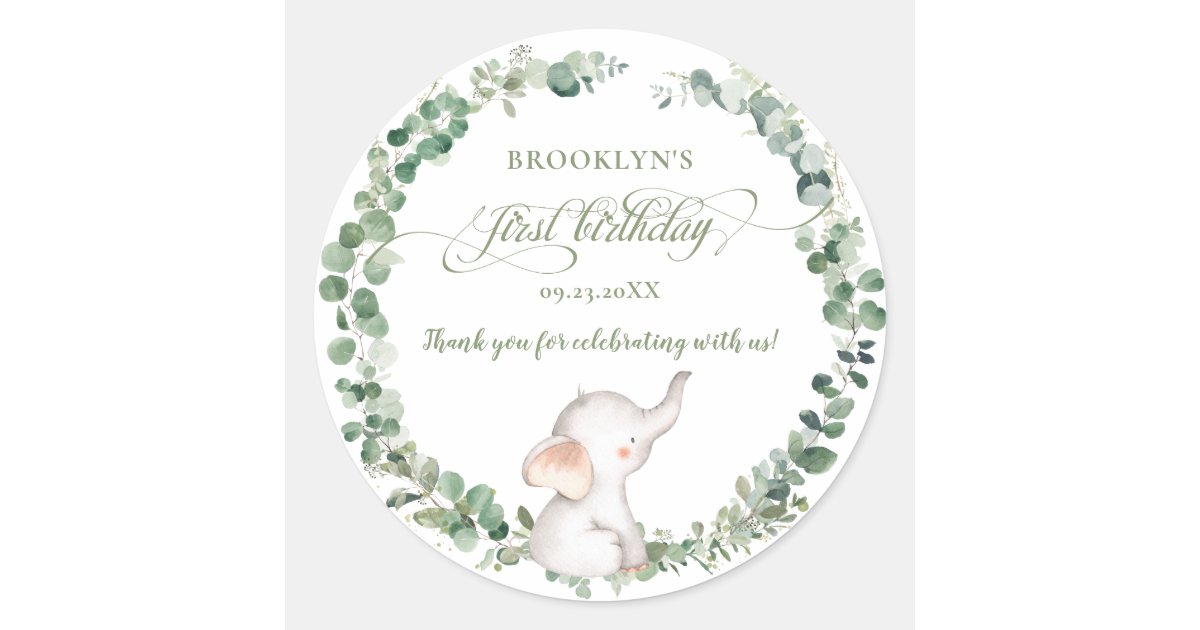 Chic Elephant Greenery Gender Neutral 1st Birthday Classic Round ...