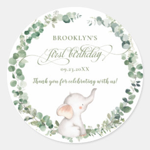 Chic Elephant Greenery Gender Neutral 1st Birthday Classic Round Sticker