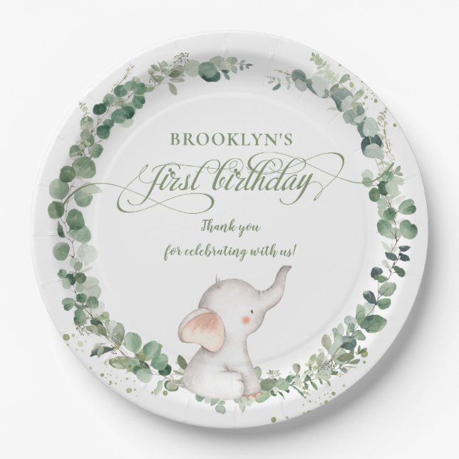 Chic Elephant Greenery Gender Neutral 1st Birthday Paper Plates (Front)