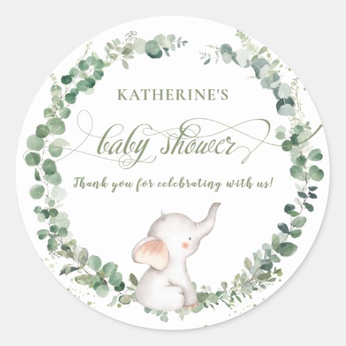 Chic Elephant Greenery Gender Neutral Baby Shower  Classic Round Sticker